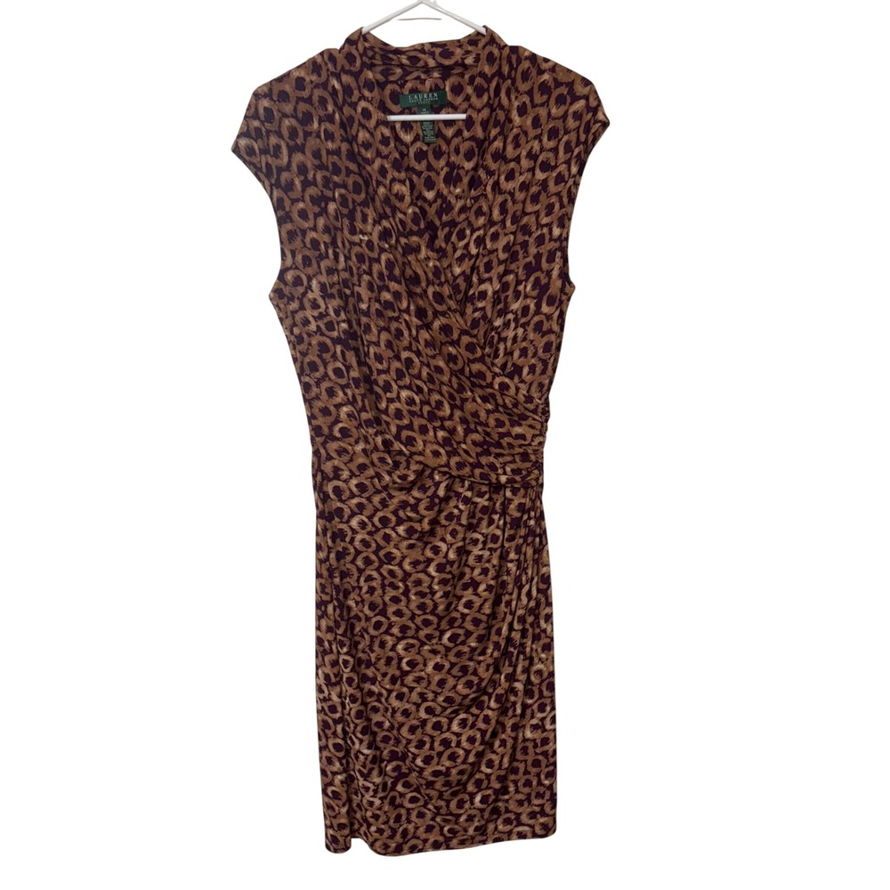 Lauren Ralph Lauren Purple Brown Faux Wrap Sheath Dress Size 14 Sleeveless Event